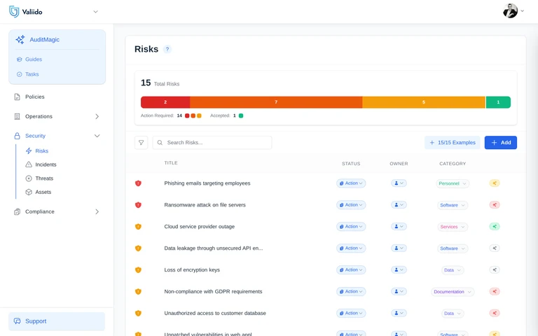 Risk register in Valiido - scored rows with treatment and an assigned owner.