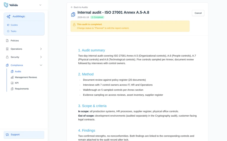 Audit report in Valiido - audit-lock banner over a structured ISMS report.