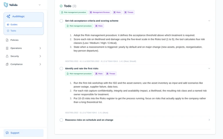 Valiido Guide todo task expanded with steps and framework references back to ISO and TISAX controls