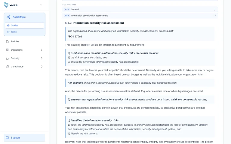 Valiido Guide Risk Assessment with ISO 27001 6.1.2 expanded - norm quotes alternating with Valiido commentary requirement by requirement