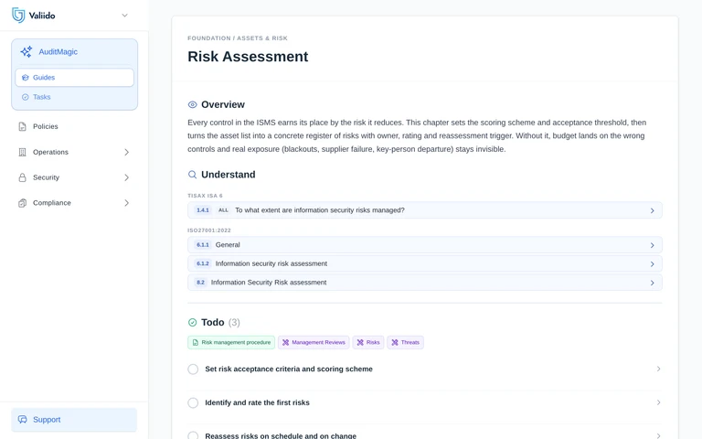 Valiido Guide Risk Assessment chapter overview with Understand and Todo sections