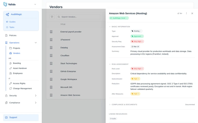 Vendor detail in Valiido - AWS panel with AuditMagic Good, Approval Approved, risk Very High before measures, High after.